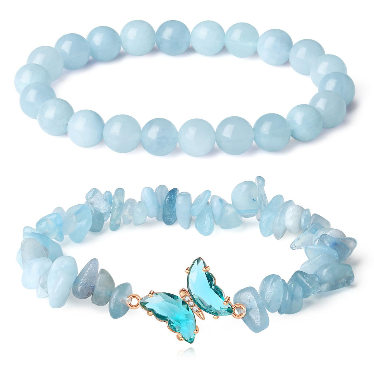 DUQGUHO 2PCS Aquamarine Bracelets Blue Bracelet for Women Natural Aquamarine Crystals Jewelry 8mm Butterfly Bracelet Gifts for Women