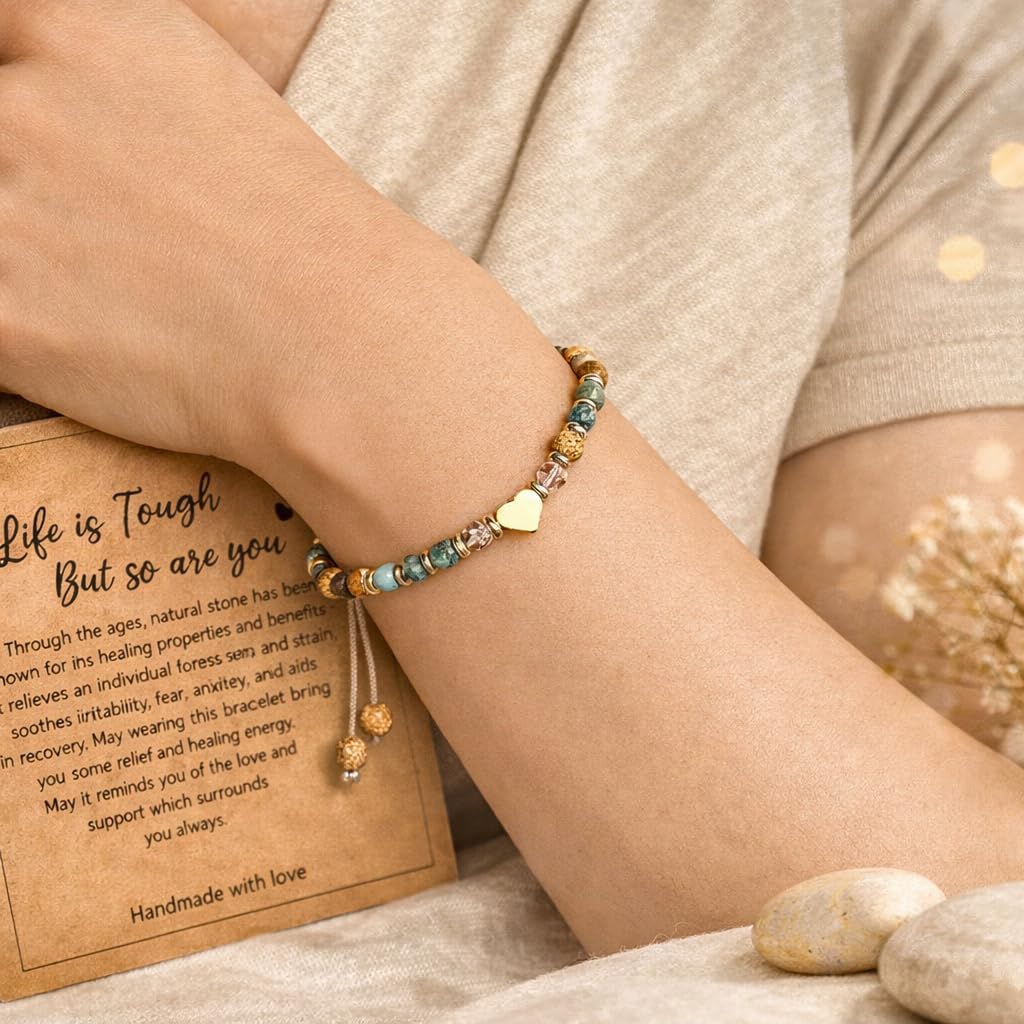 TUQBA Inspirational Healing Bracelet for Women, Get Well Soon, Gift for Her, Mothers Days Gifts, Christmas, Baptism Birthday Strawberry Quartz, Jasper Turquoise Mom with Message