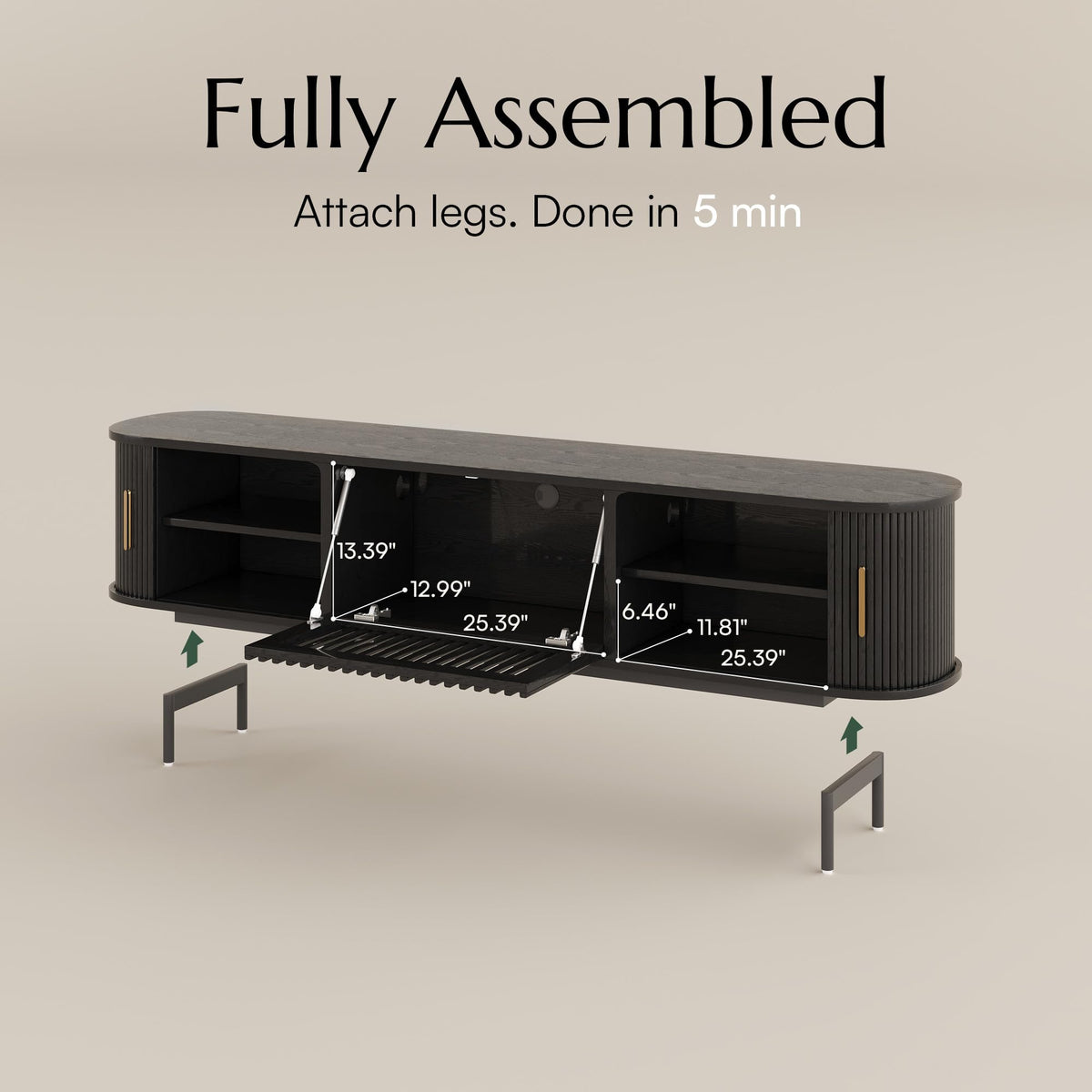 POVISON Fully-Assembled Mid Century Modern TV Stand, Sliding Tambour Door Entertainment Center with Storage, Wood TV Console, Media Console for Living Room Bedroom(Black, 78.74")
