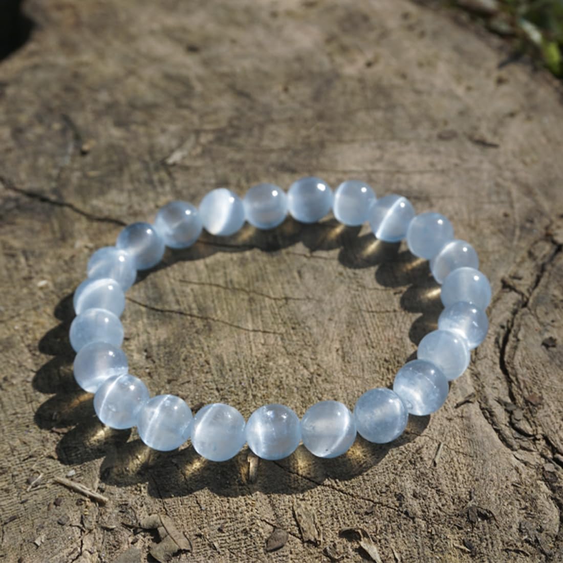 Natural Selenite Bracelet 8mm | Aqua Blue | Crown Chakra Crystal with Cat-eye Effect | Handmade Meditation Healing Bracelet for Women Men | Beading Tool Kit - Fits for 6.5-7.5 inch Wrist Size