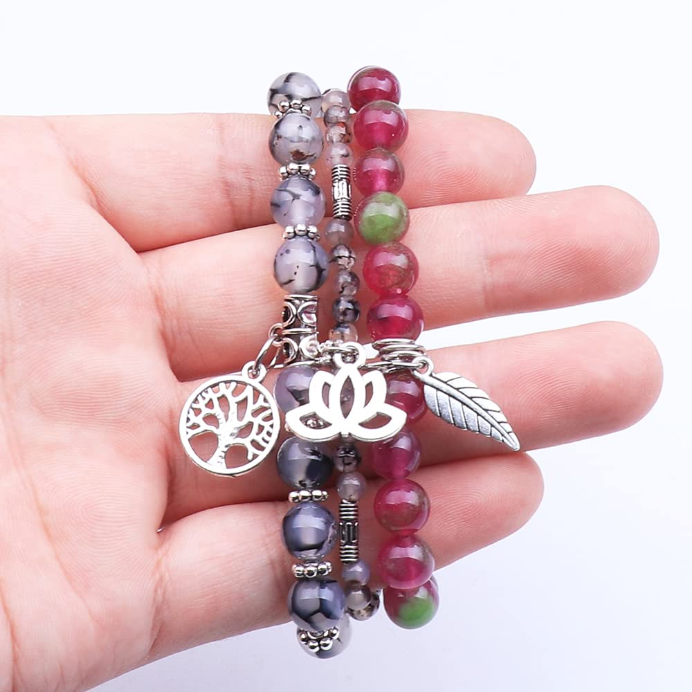 UEUC Tree of Life Yoga Healing Stone Bracelets, Multilayer Lotus Chakra Stone Reiki Bracelet Sets, Anxiety Crystal Natural Stone,for Women Stress Relief(#74)