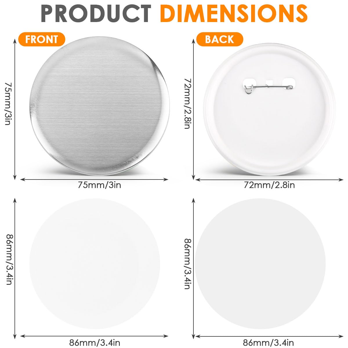OTYMIOW 100 Sets 3 Inch Button Maker Supplies, 75mm Pin Maker Supplies, Round Badge Parts with Metal Covers, Plastic Pin Backs, Clear Film, Blank Paper, Perfect for Button Maker Machine, DIY Crafts