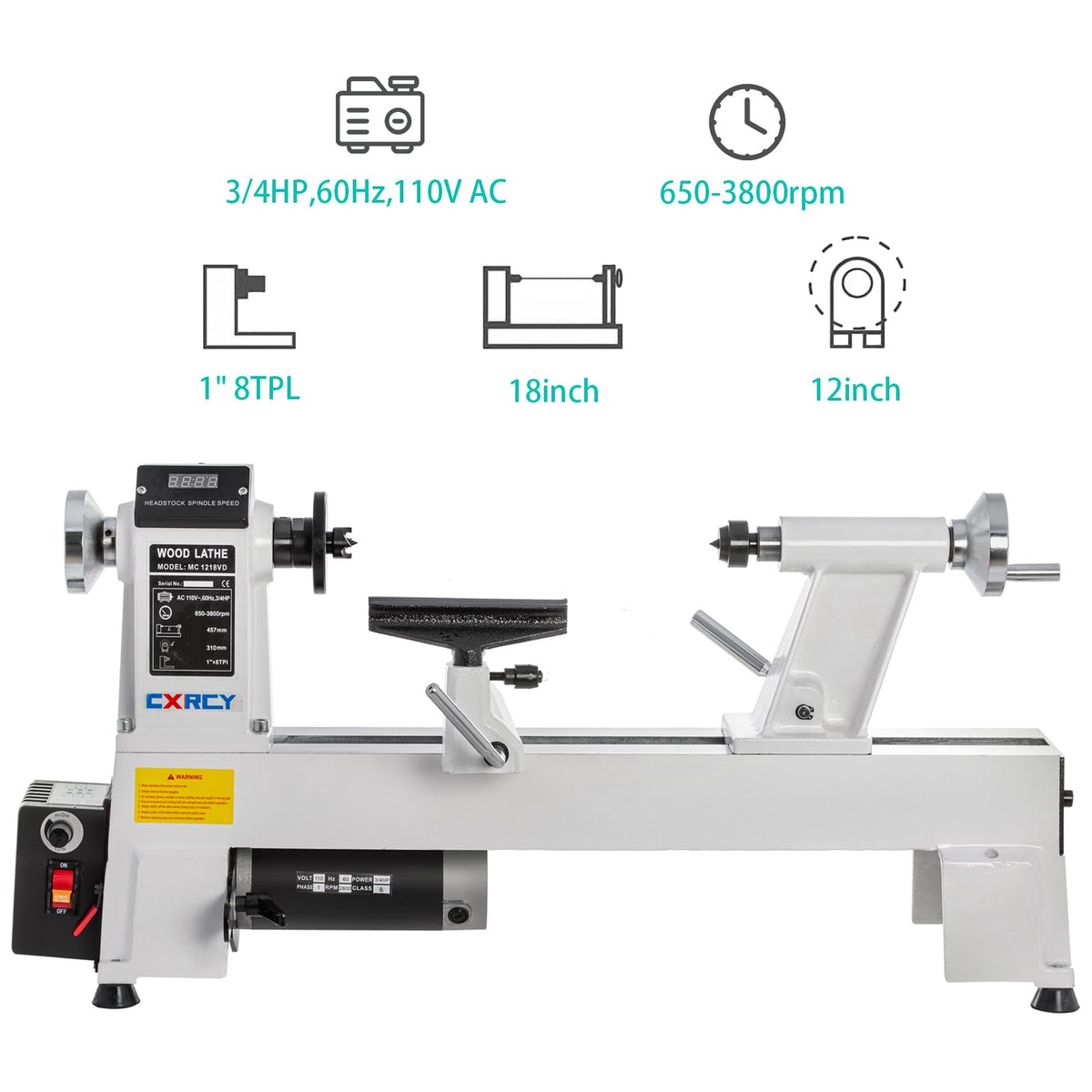 CXRCY 12" x 18" Wood Lathe, Benchtop Wood Lathe Machine 3/4 HP Infinitely Variable Speed 650-3800 RPM with Goggle for Woodworking, Woodturning
