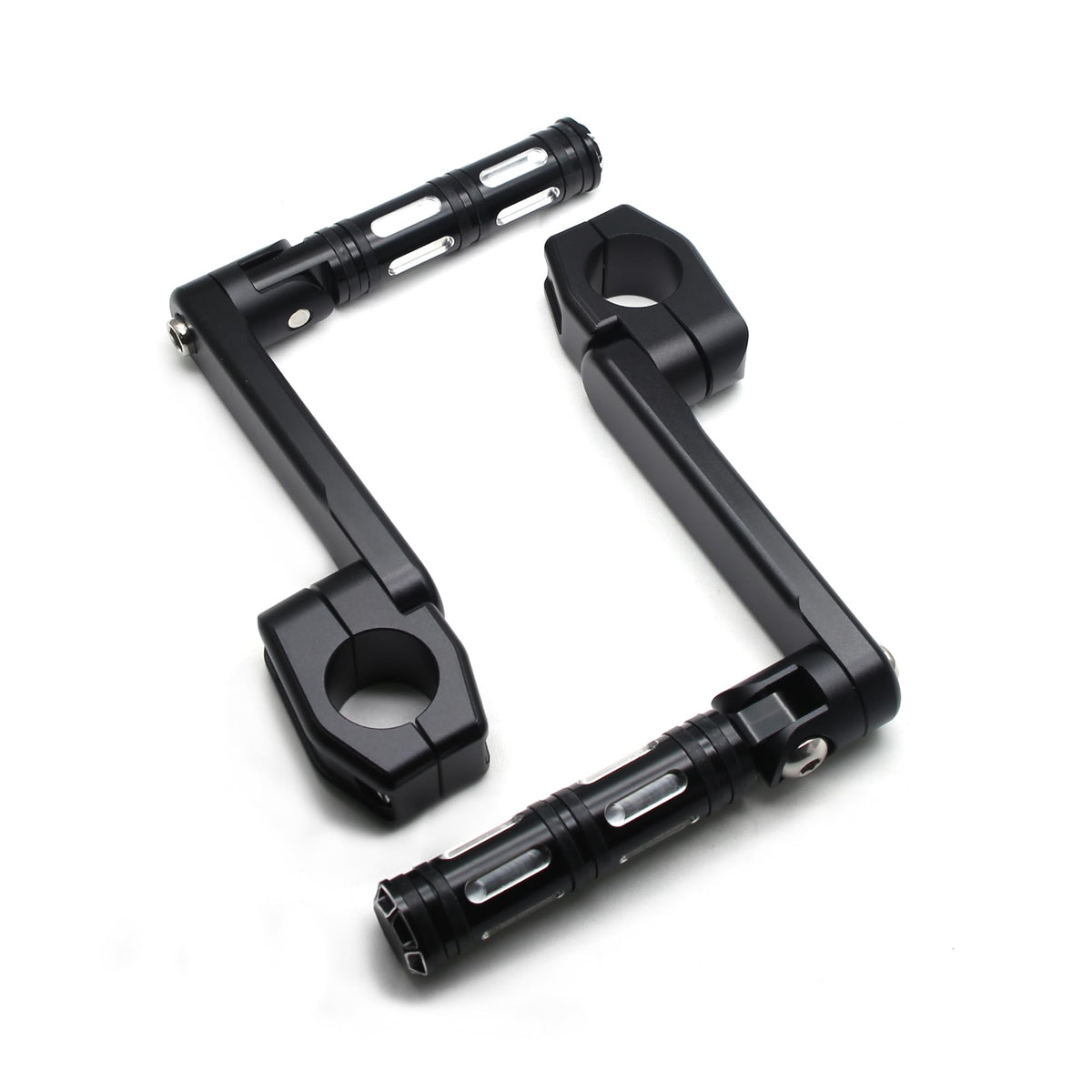 MZS Motorcycle Highway Pegs, 1.25" CNC Highway Foot Pegs Adjustable Long Angled Mount Clamps Compatible with Road King Sportster Softail Street Electra Glide Dyna Rebel Shadow for 1 1/4 Crash Bar