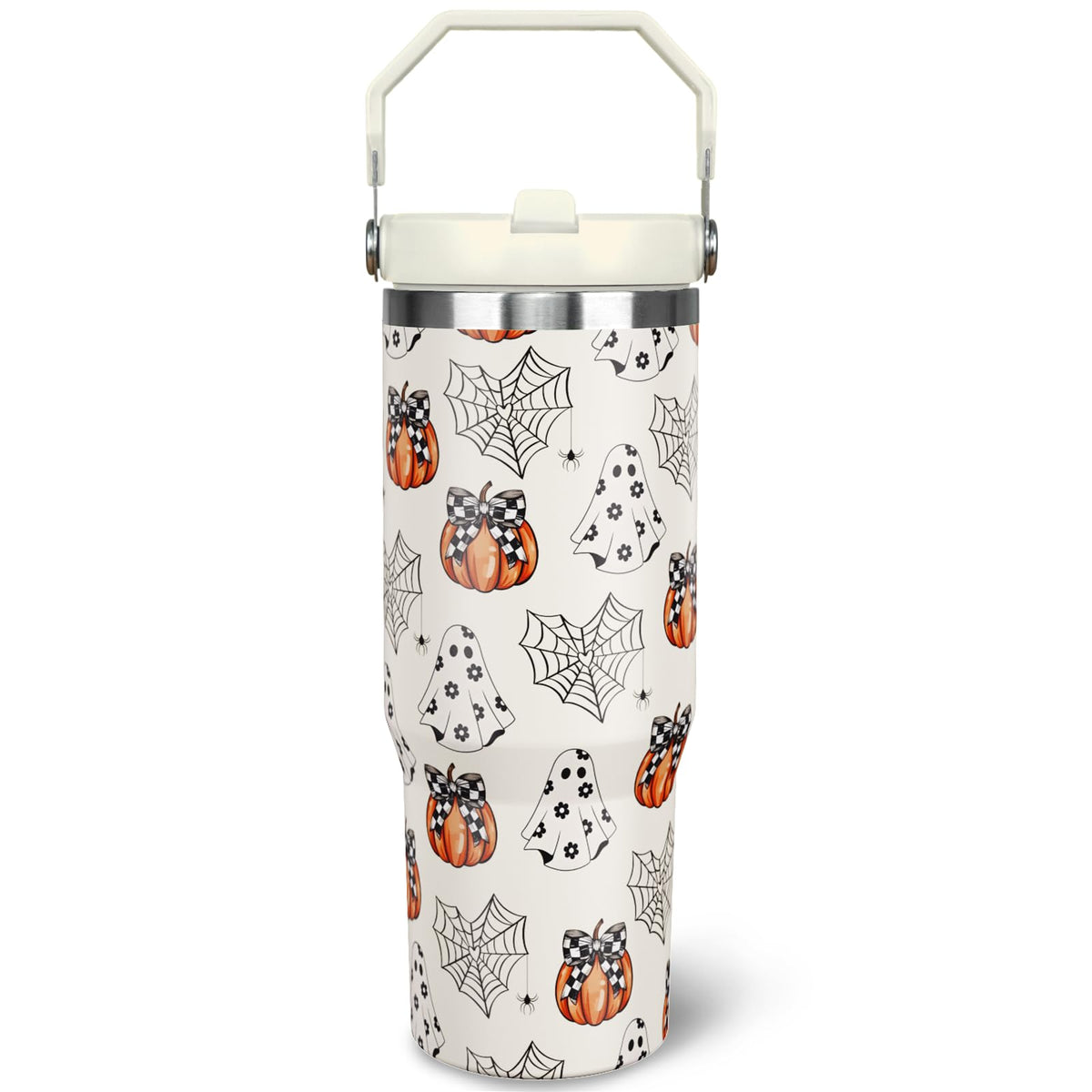 nmbnswo 30 oz Halloween Tumbler with Lid and Straw, Ghost Pumpkin Bow Tumbler Insulated Coffee Travel Mugs Cup Water Bottle Cute Halloween Gifts for Women Girls