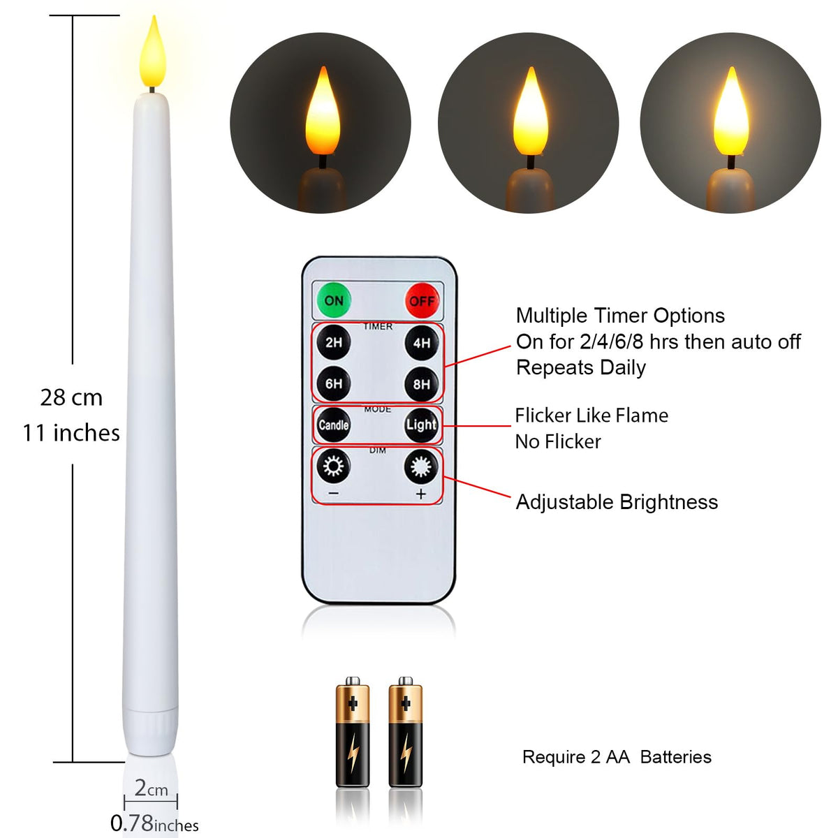 Homemory 11 inches White LED Taper Candles, 24 Pcs Flameless Taper Candles with Remote Timer Dimmer, Plastic Battery Operated Candlesticks with Flickering Flame for Halloween Christmas Wedding Party