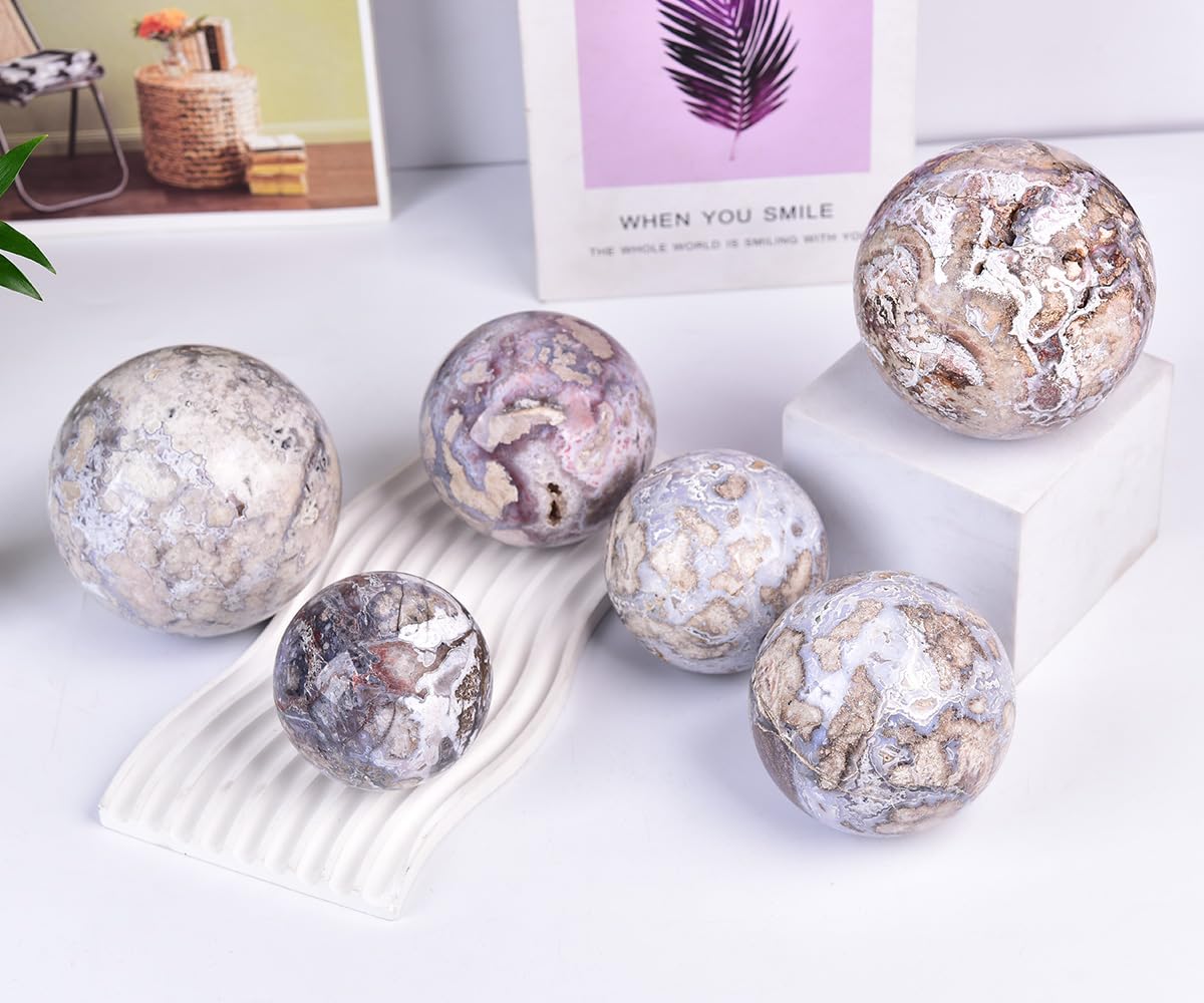 JIC Gem Large Blue Cherry Blossom Agate Crystal Ball with Stand Crystal Sphere Natural Sakura Flower Agate Stone Reiki Healing Meditation Witchcraft Home Decor 2.7-3.1 inch(70-80mm)