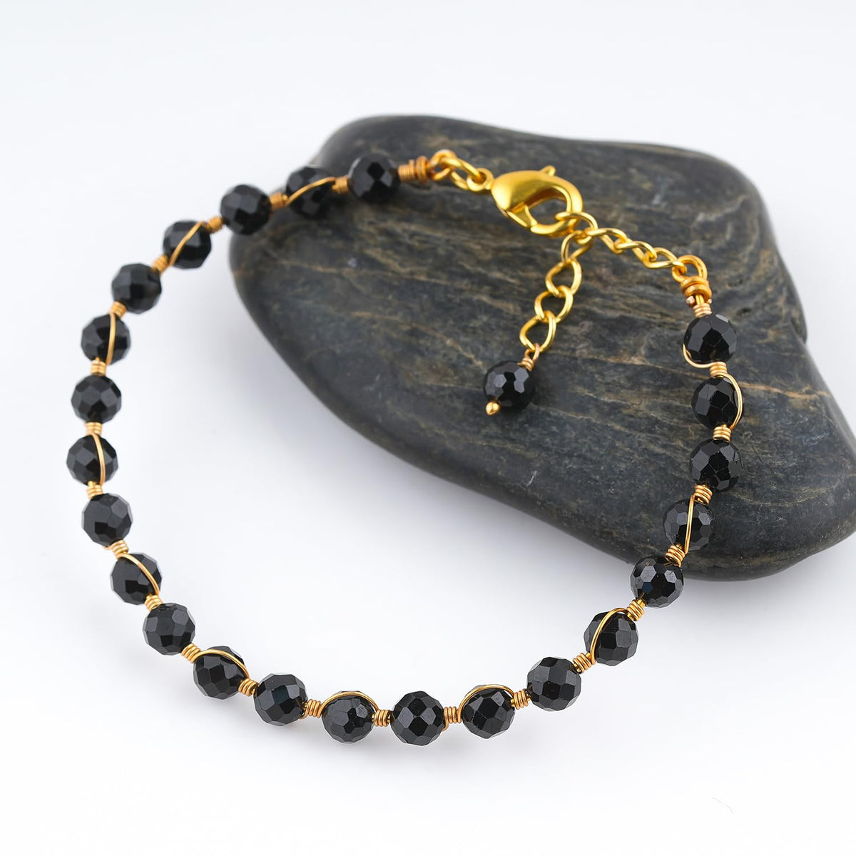 CRYSTALIS Wholesale Bulk Natural Black Tourmaline Gemstone Beads Strand Bracelet, Wire Wrapping Elegant Beaded Crystal, Chakra Healing Bracelet, Stones Jewelry, Gold Plating 8 inch