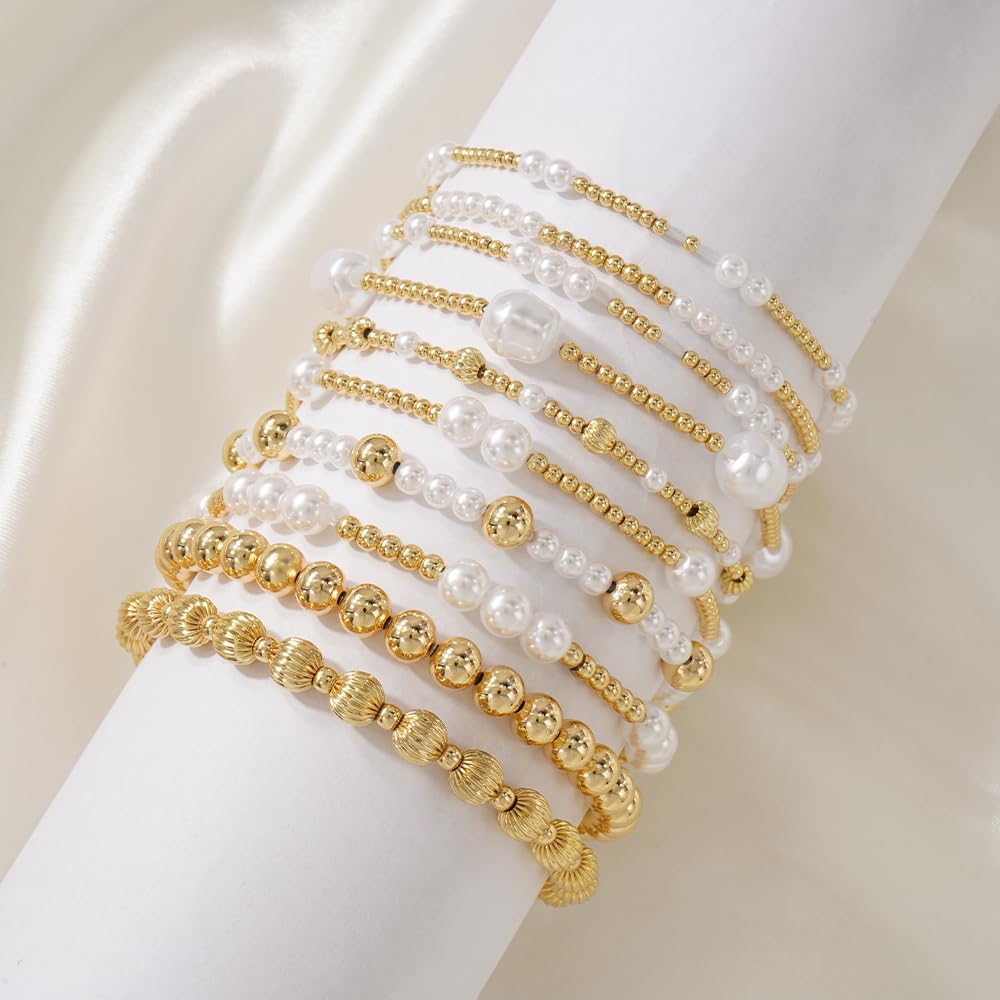Dainty 14K Gold Pearl Beaded Bracelet Stack for Women,Handmade Bohemian Pearl Non Tarnish Stackable Bracelets Fashion Holiday Party Accessories Jewelry Gift Friendship