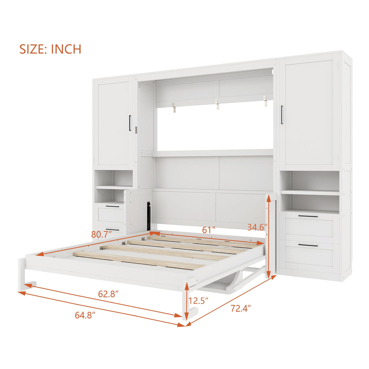 Merax Queen Size Murphy Bed with Desk, Multifunctional Foldable Wall Bed with Closet, Drawers and Shelves, Space-Saving Wood Platform Bed Frame for Small Spaces Studio Study Office Guest Room, White