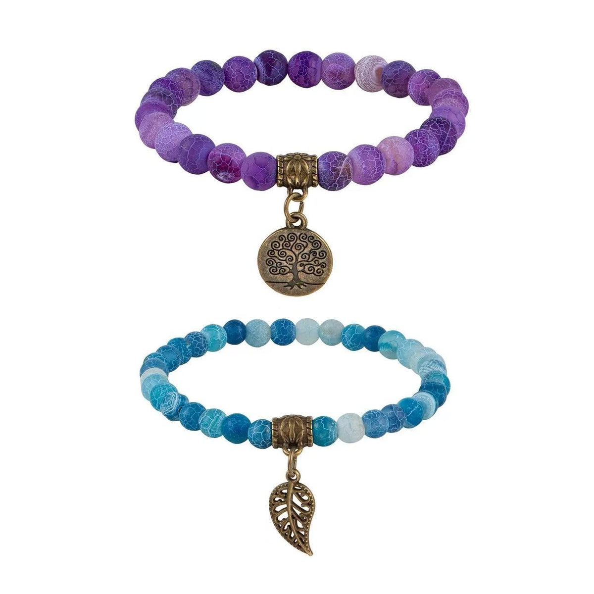 2Pcs Bracelets for Women, Healing Crystal Bracelet with Tree of Life Charm, Yoga Meditation Bracelet, Stretch Beaded Bracelets for Stress Relief, Yoga, Meditation and Daily Wear (Purple and lake blue)