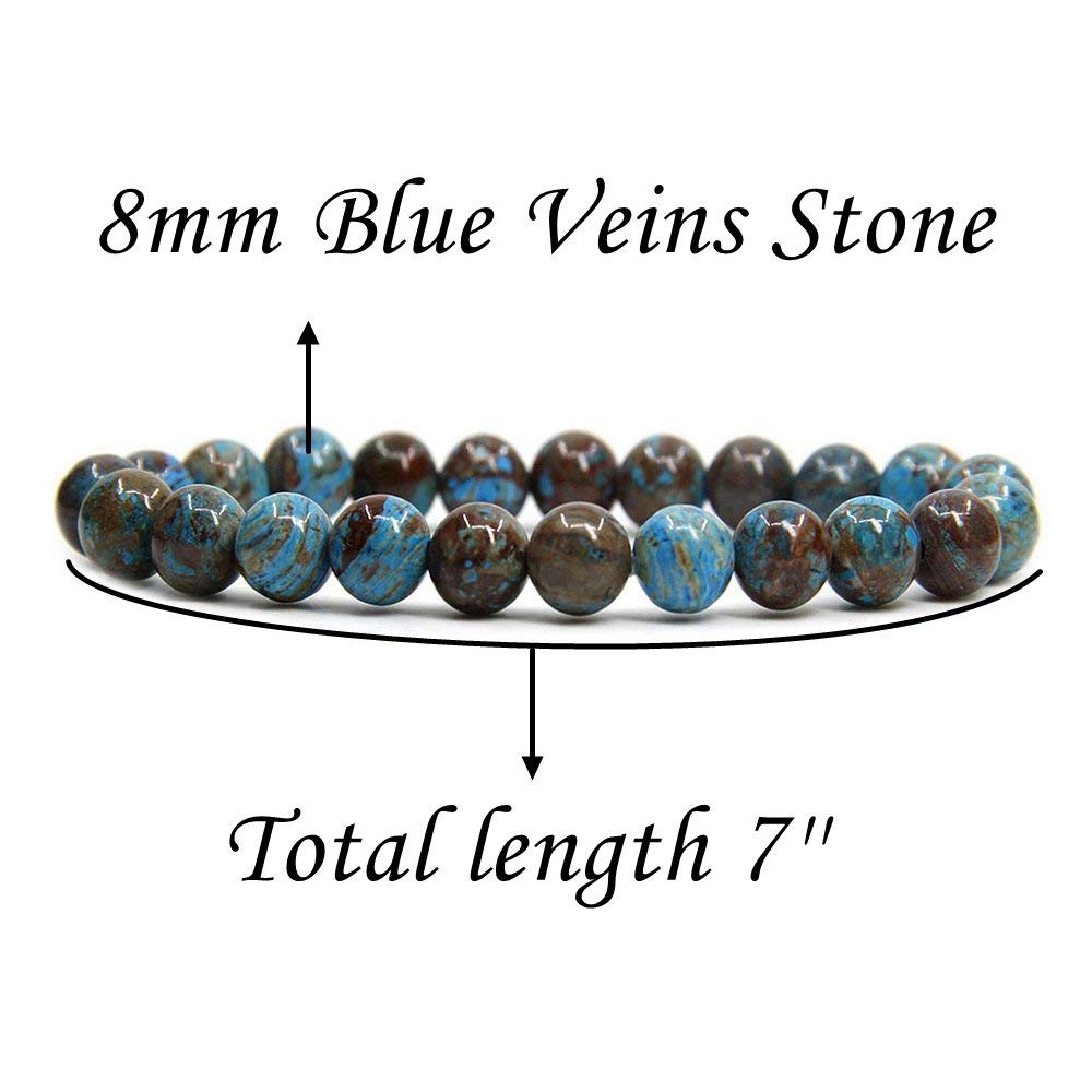 Angelstones Handmade Natural Blue Wood Veins Jasper Healing Gemstone 8mm Round Beads Stretch Crystal Bracelet 7 Inch Unisex