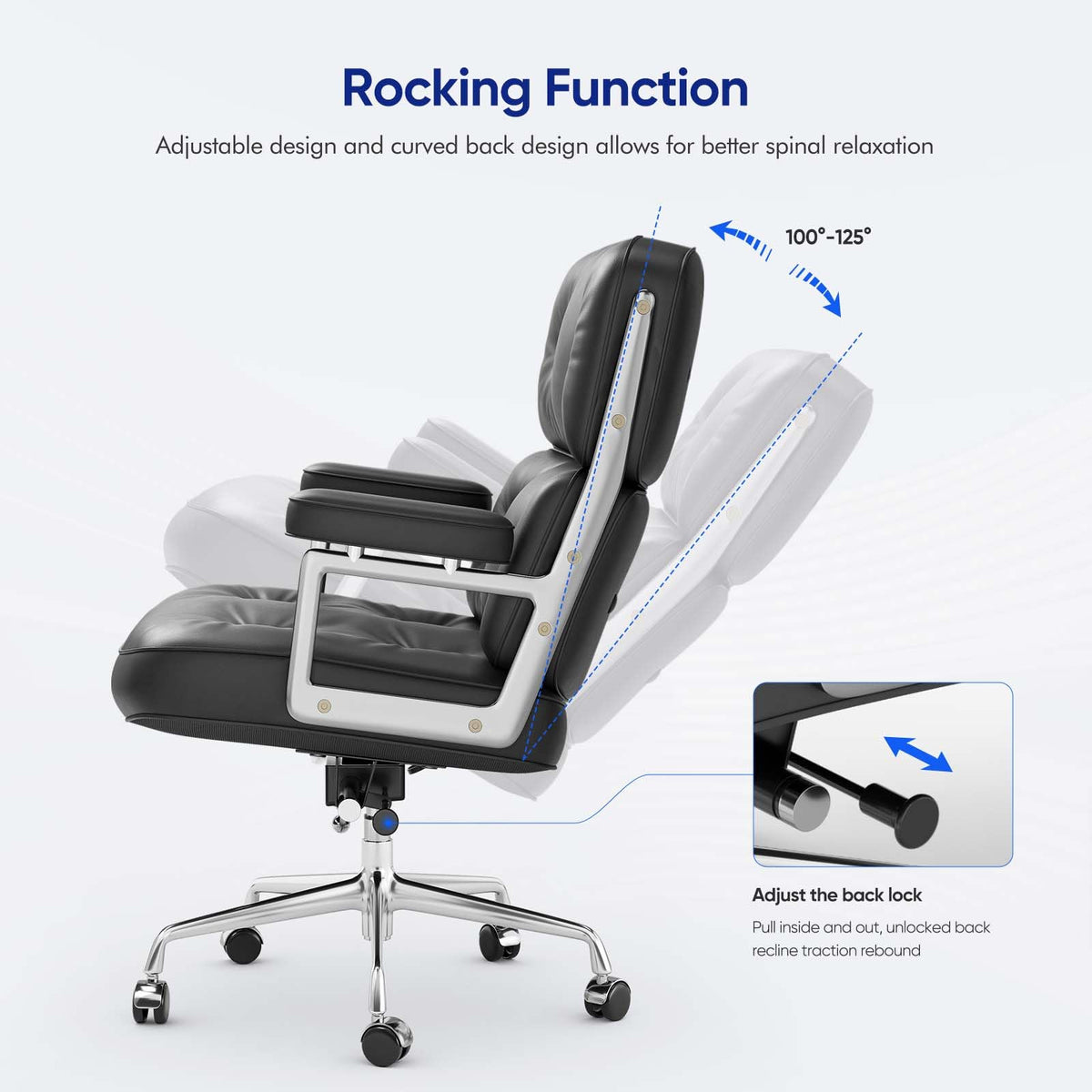 Genuine Leather Office Chair, Mid Back Executive Desk Chairs with Aluminum Arms and Wheels, Swivel Office Leather Chair with Thickened Backrest and Ergonomic Lumbar Support, Black