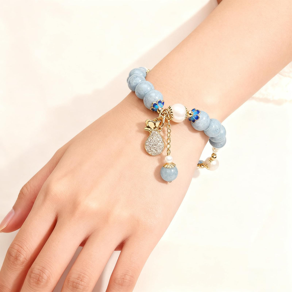 RITIM Natural Aquamarine Bracelet for Women, Lucky Charm Healing Crystal Stone Bracelet with Pearl, Positive Energy Good Luck Jewelry Gift for Friends, Sister, Daughter, Her