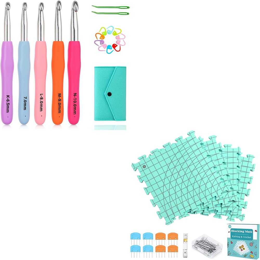 Yarniss Large Ergonomic Crochet Hooks Set 6.5mm 7.0mm 8.0mm 9.0mm 10.0mm and Blocking Mats for Knitting&Crochet Project, Thickened Blocking Board with Grid Line&T-Pins