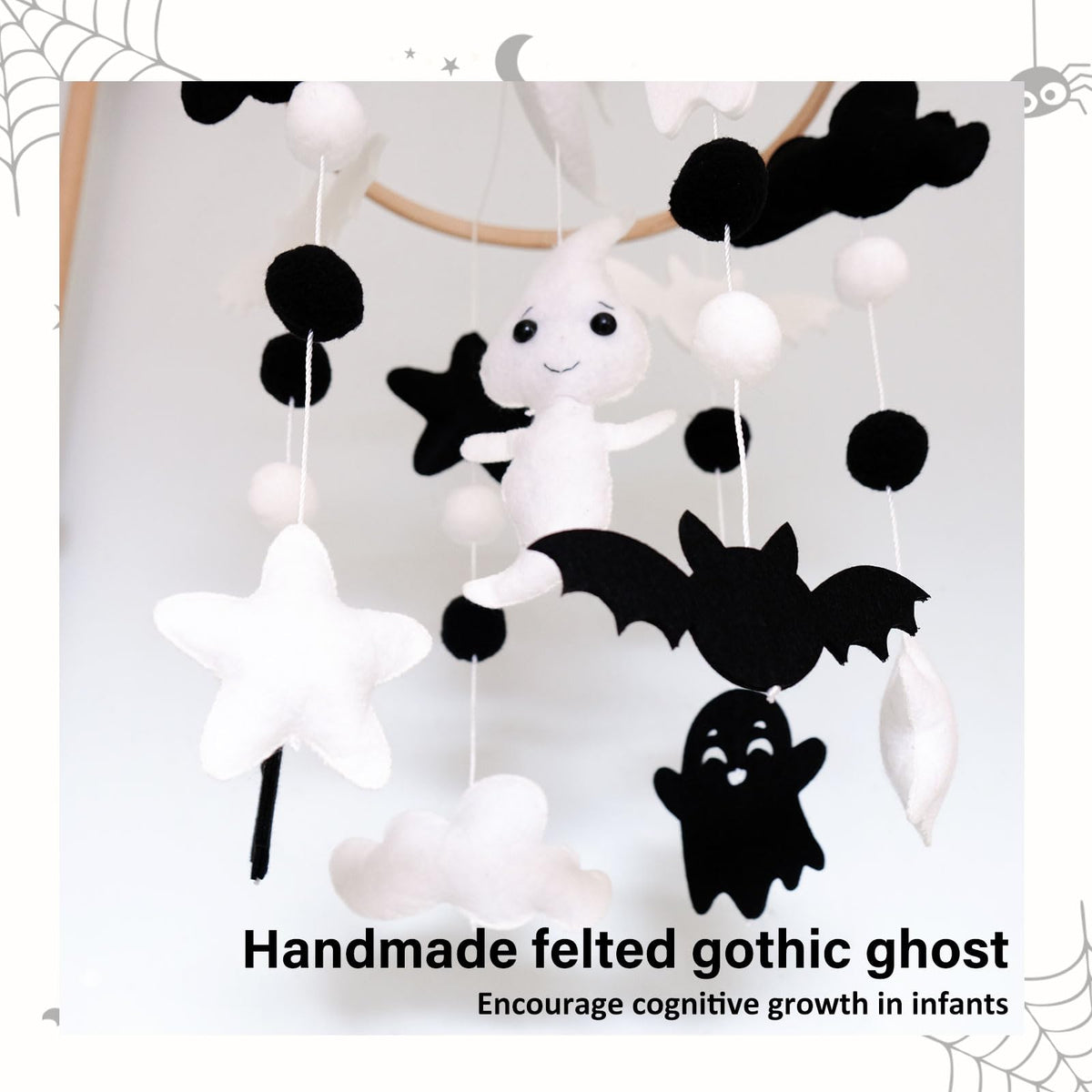 Ghost Baby Mobile, Halloween Mobile for Crib, Goth Crib Mobile for Boys and Girls, Gothic Nursery Mobile for Bassinet, Pack and Play, Ghost, Bat, Moon