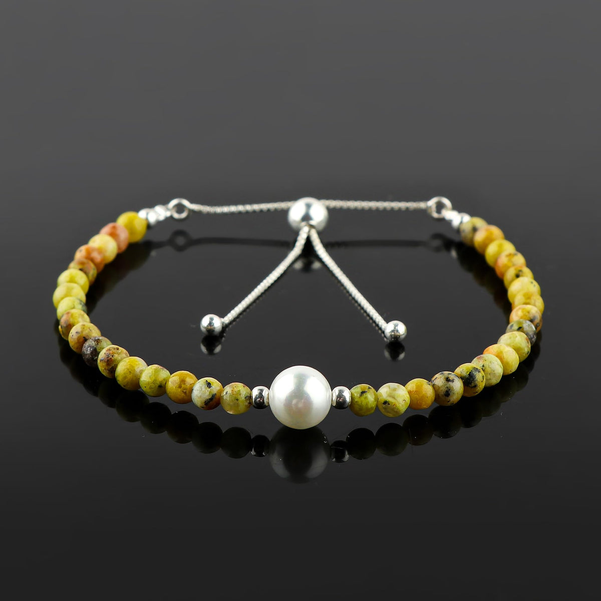 CRYSTALINES Natural Green Opal Gemstone Bolo Bracelet, Cultured Pearl Beads Stones, Handmade Hypoallergenic Boho Jewelry for Women, Healing Crystals, Adjustable Silver Plated 6+4inch, Birthday Gift