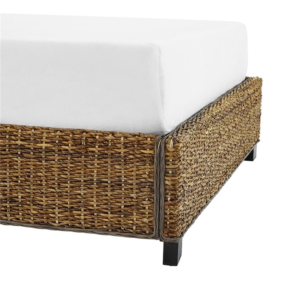 Pemberly Row Coastal Wood/Rattan King Platform Bed, Natural Brown Finish, Handwoven Banana Leaf, Matte Black Feet, 53.75" H x 82.5" W x 86" D, Includes Headboard/Footboard, Rustic Bedroom Furniture