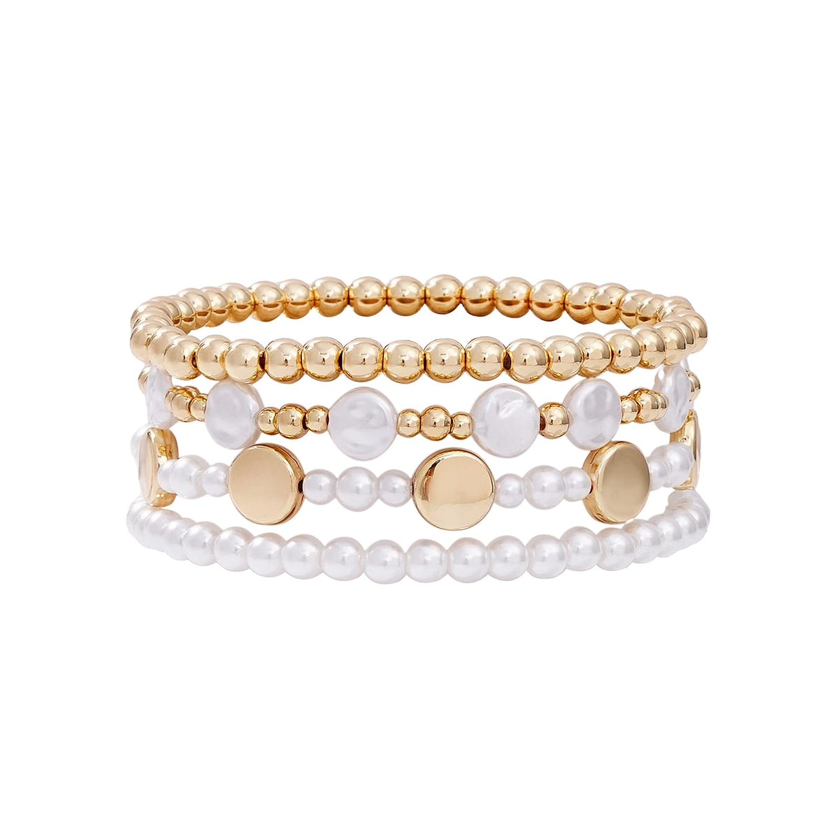 Sajidos Gold Plated Beaded Bracelets for Women Trendy, 14K Gold Plated Stack Cross Pearl Gold Plated Bead Stretch Bracelets Set Elastic Hypoallergenic Bracelets Jewelry Gifts