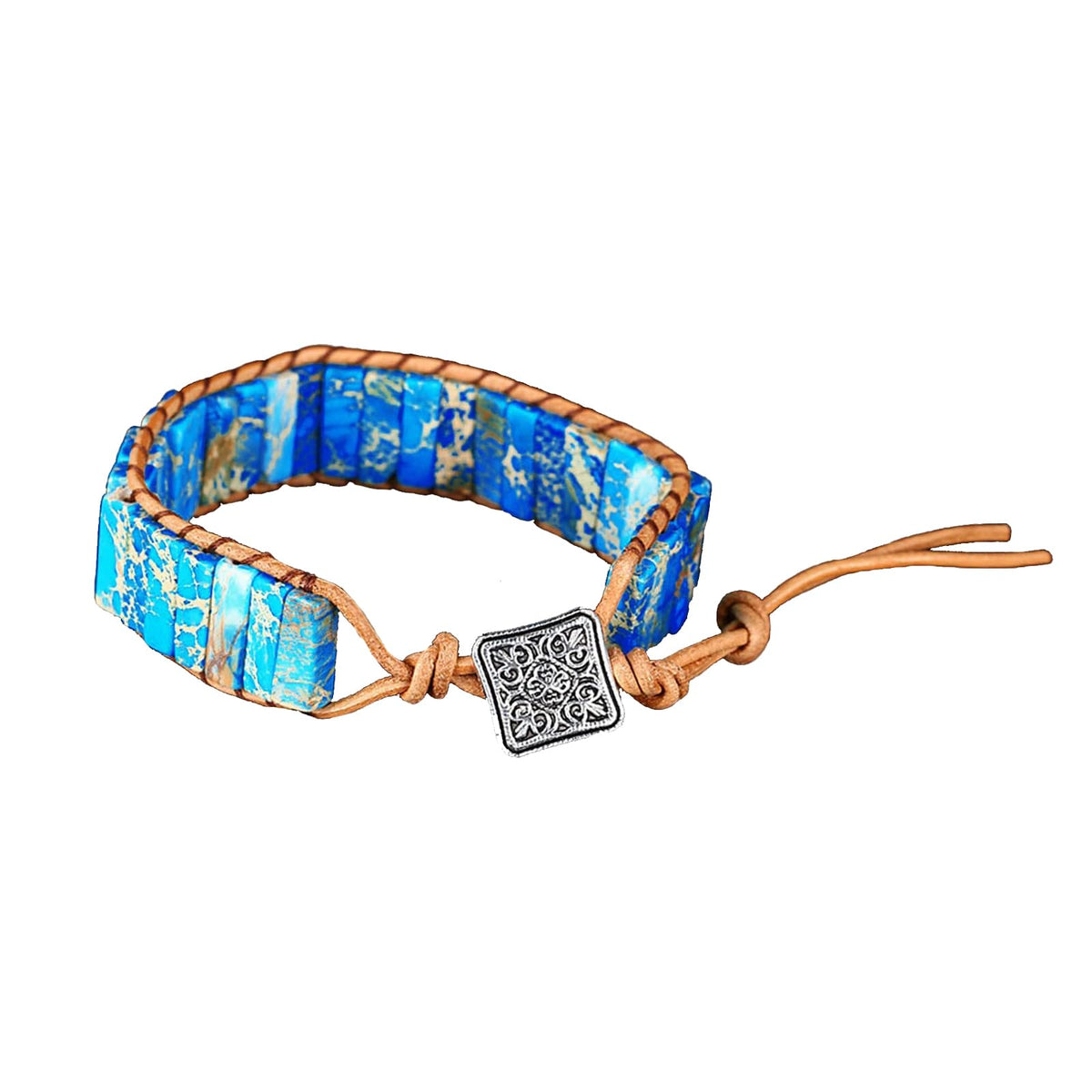 KunBead Blue Chakra Imperial Jasper Bracelets for Women Healing Crystal Natural Stone Bead Leather Wrap Handmade Rope Adjustable Bracelets