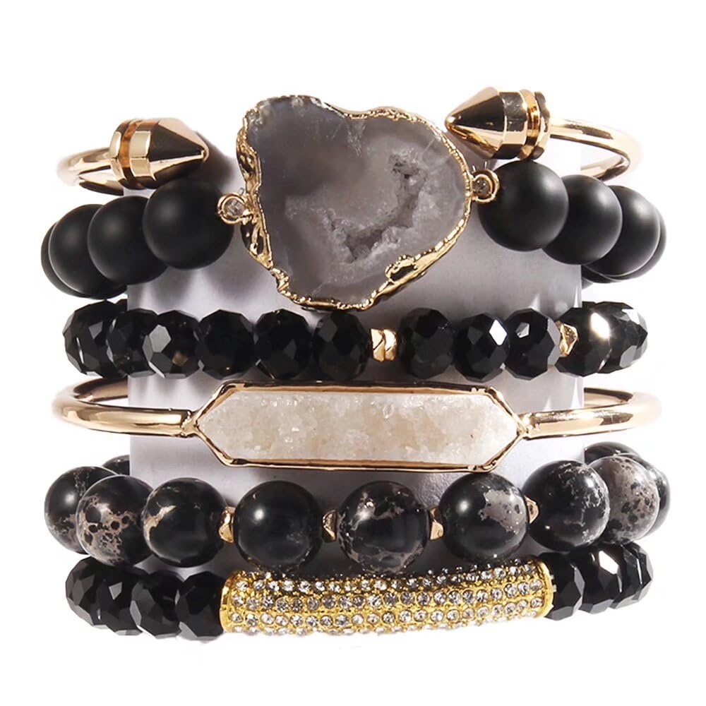 Yomisa 6PCS Natural Boho Beaded Bracelets Bangle for Women,Healing Turquoise Tiger eyes Agate Crystal Gemstone Stone Diamond Chakra Multi Wrap Bohemian Handmade Jewelry Beads Stretch Bracelet Set