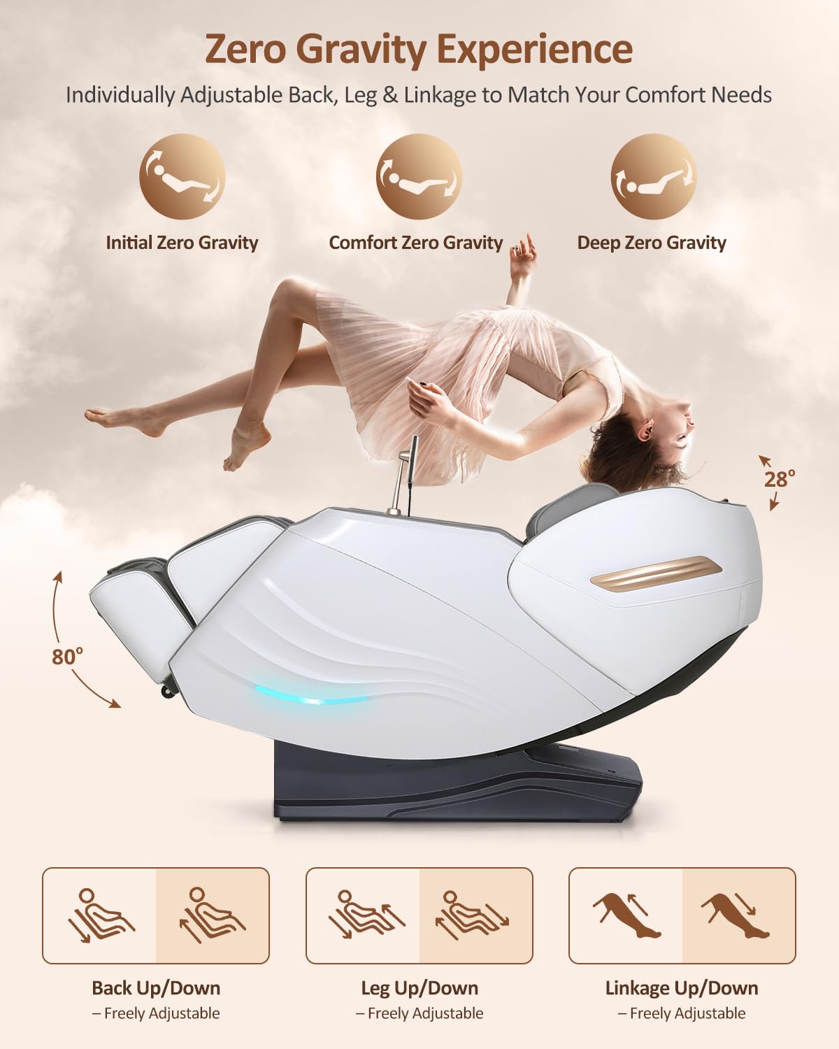 RELX Massage Chair Full Body, 20 Modes Zero Gravity SL-Track Shiatsu Massage Chair Built-in Heat System, Airbag Massage with Body Scan, Deep Yoga Stretch, Calfrest Extension and AI Control(White)