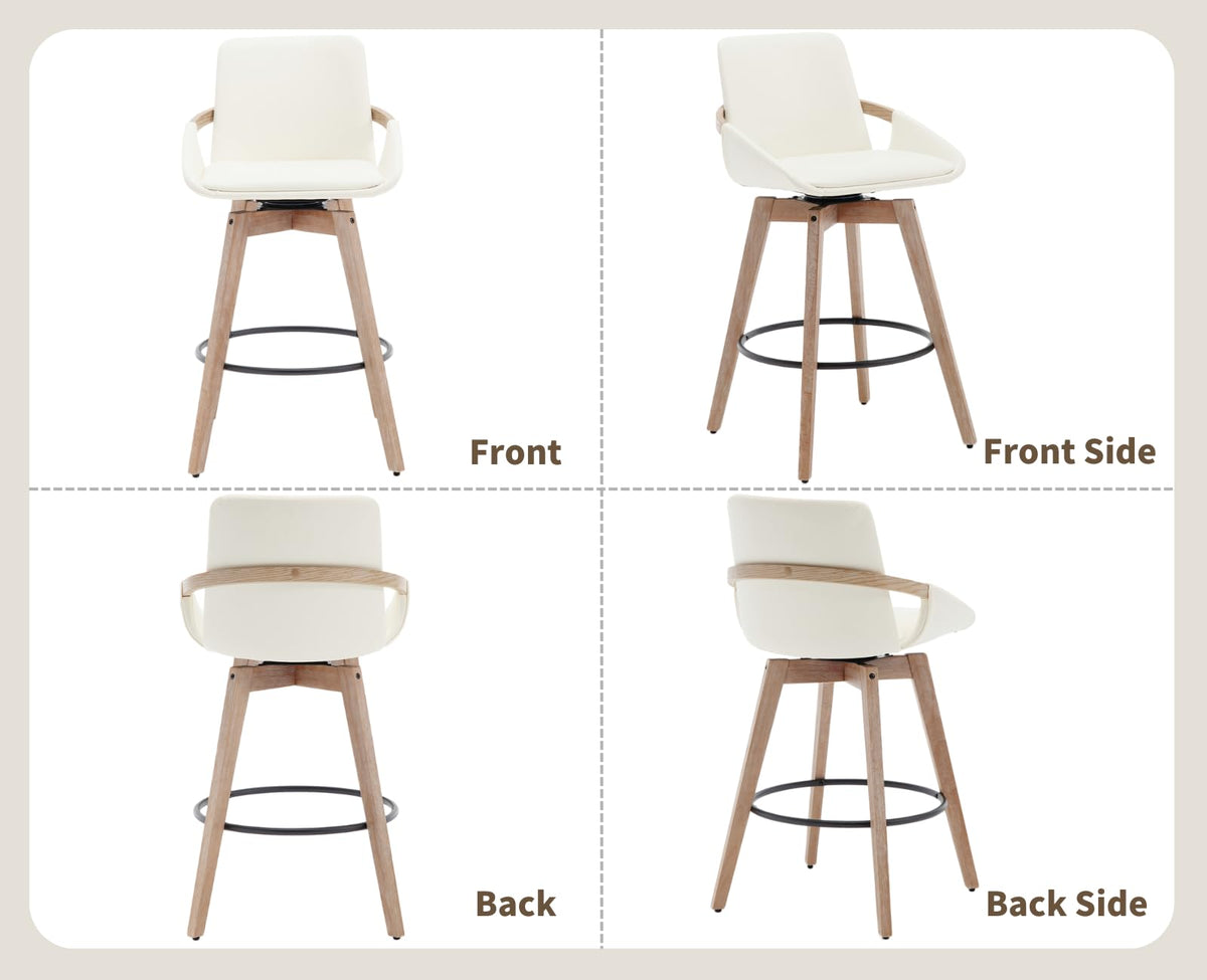 CIMOTA Leather Swivel Bar Stools Set of 4, Mid-Century Modern Counter Height Chairs with Faux PU Upholstery and Natural Wooden Legs for Kitchen Island, 26 Inch/Beige