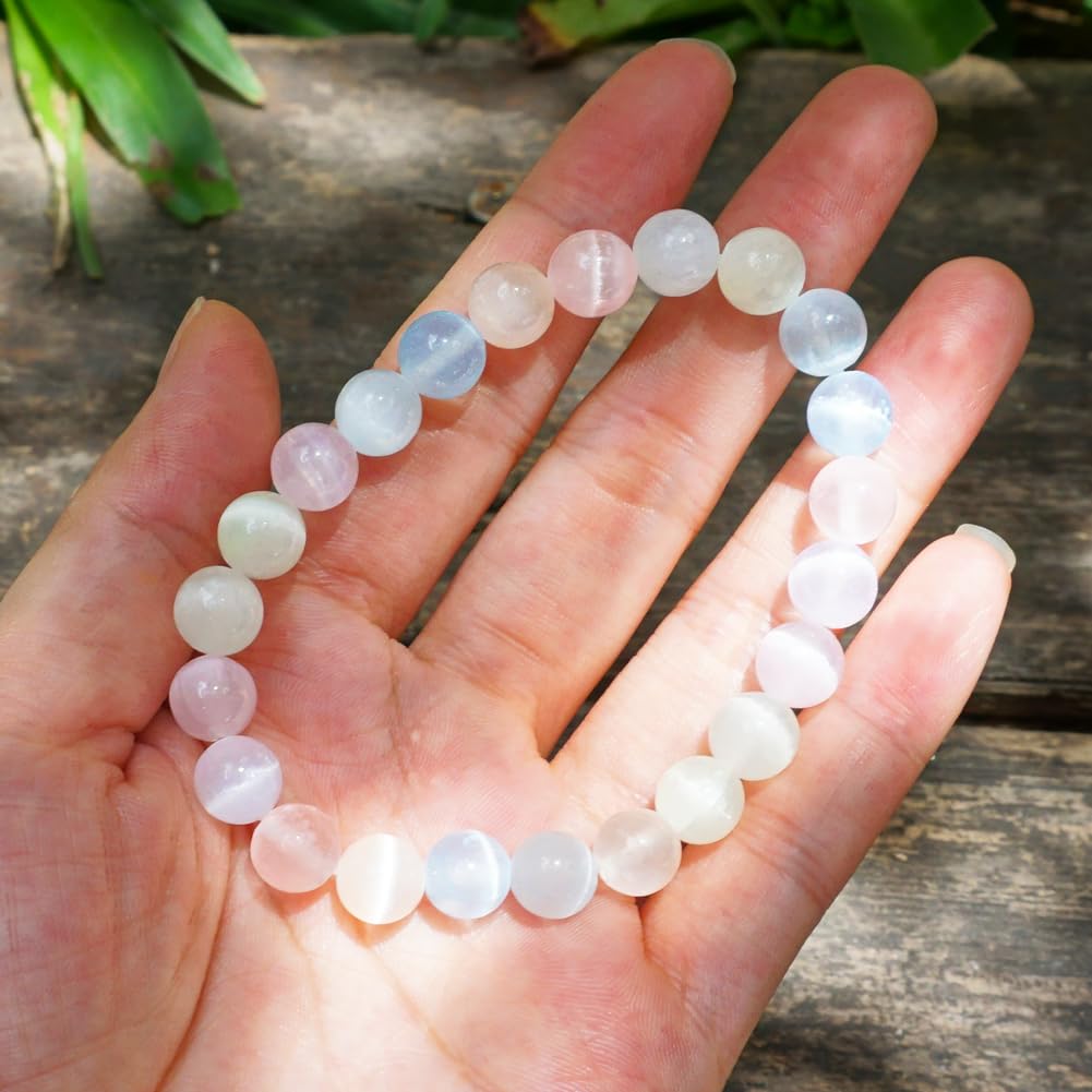 TaHLga 8mm Macaron Selenite Bracelet - Multi-Color Natural Crown Chakra Crystal | Handmade Sweet Color Meditation Bracelet with Cat-Eye Effect | Beading Tool Kit - Adjust to 6.5-7.5 inches Wrist Size