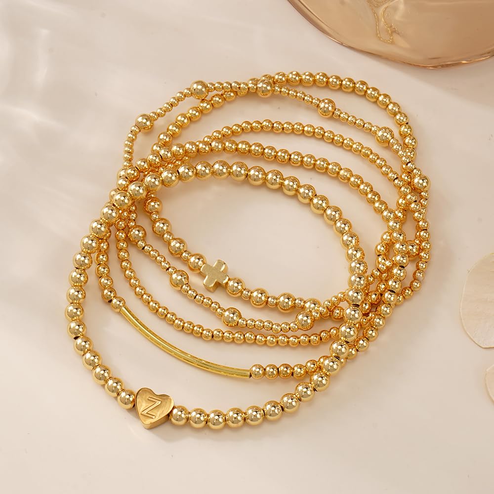14K Gold Cross Beaded Initial Bracelet Stack for Women,Dainty Stretch Gold Plated Letter “Z” Stackable Bracelets Bohemian Layered Prom Party Accessories Jewelry Gift Friendship