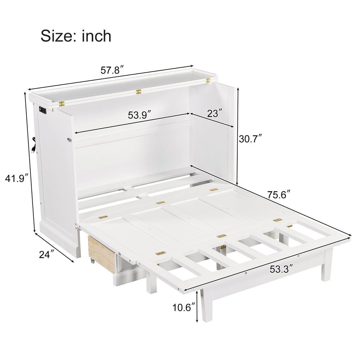 Merax Solid Pine Murphy Bed, Chest Cube Cabinet Bed with Charging Station and Large Storage Drawer for Home Office or Small Room, Full, White