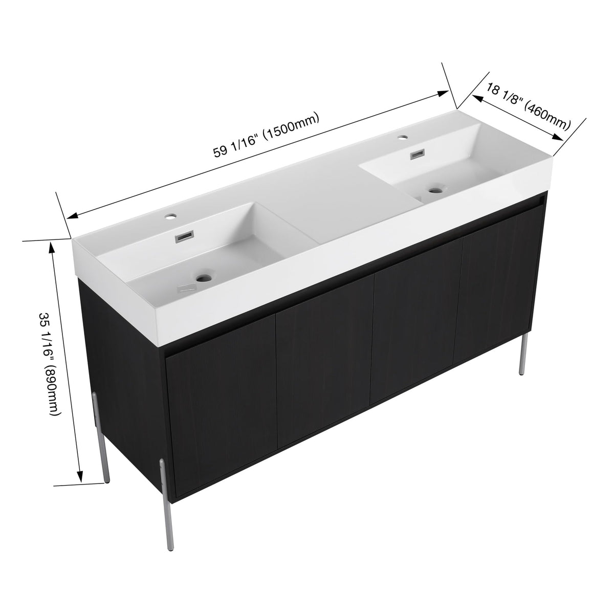 KEIKI 60" Freestanding Bathroom Vanity with Resin Double Sink, Modern Bathroom Storage Cabinet with Soft Closing Doors & Solid Metal Legs, 60 inches Double Sink Bathroom Vanity with 45° Bevel Handle