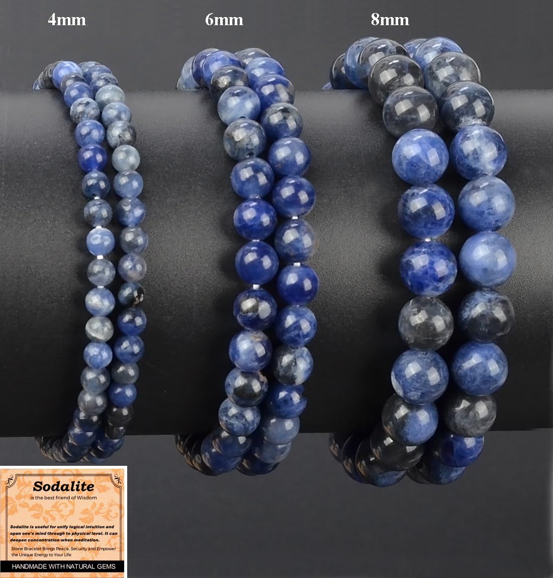 MASSIVE BEADS Blue Sodalite - Stone of Wisdom - Handmade Yoga Stretch Elastic Bracelet Natural Stone Crystal Healing Power Energy Gifts for Unisex Adult 4mm