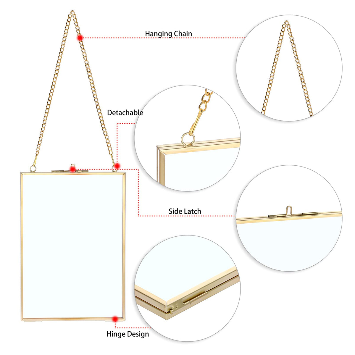JUXYES Set of 2 Wall Hanging Brass Frames Ornament for Pressed Flowers, Double Glass Hanging Picture Artwork Display Frame, Vertical Gold Floating Style Gallery Wall Frame for Photo Picture Poster etc, 5x7 Inches