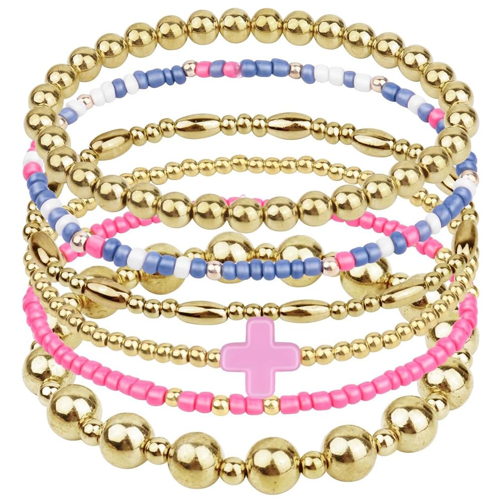 LXSSLY 5Pcs Gold Bead Bracelets Set for Women,14K Gold Plated Stackable Bead Ball Bracelets Set,Adjustable Chunky Bangles Bracelets,Boho Stretch Bead Ball Bracelet for Women (Color1)