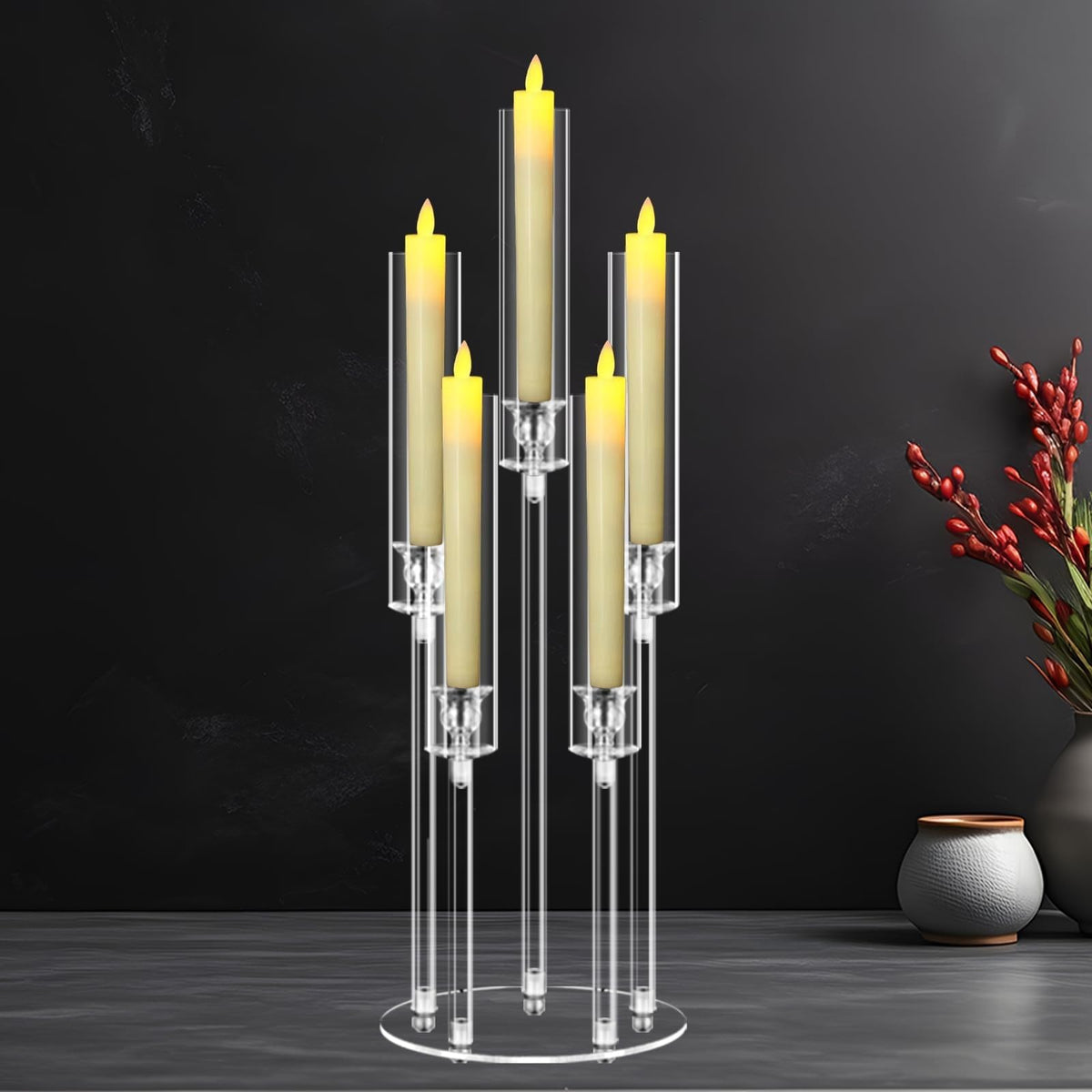 5 Arms Acrylic Candelabra Centerpieces for Tables, Clear Candle Holder for Halloween Christmas Wedding Party Decor, 27" Tall Candlestick Holders with Lampshade, Fits LED Candle(1pcs)