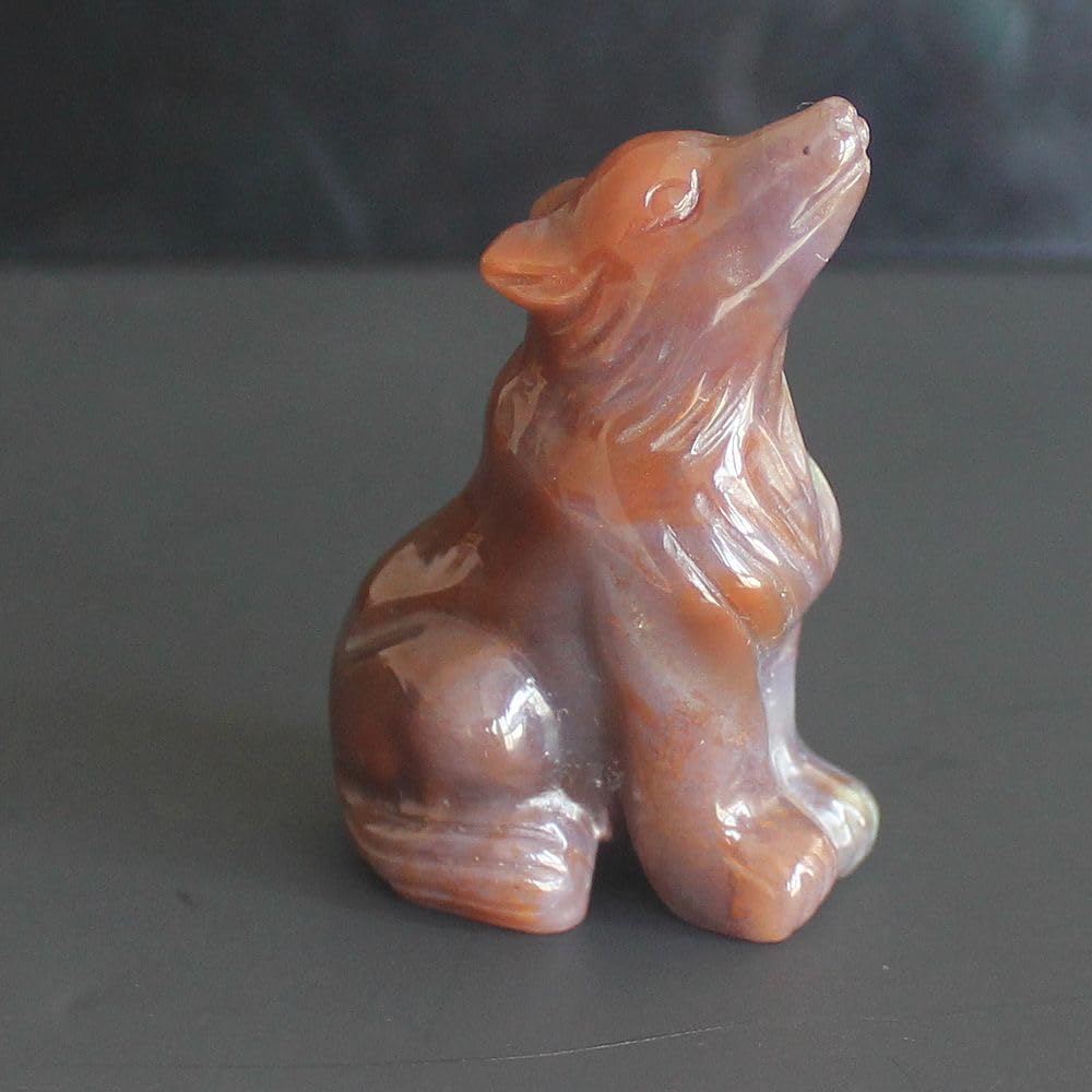HLbshi Hand Carved Gemstone Crystal Wolf Figurine Animal Statue Carving Office Home Decor Collections 2'' (Multi Ocean Agate)