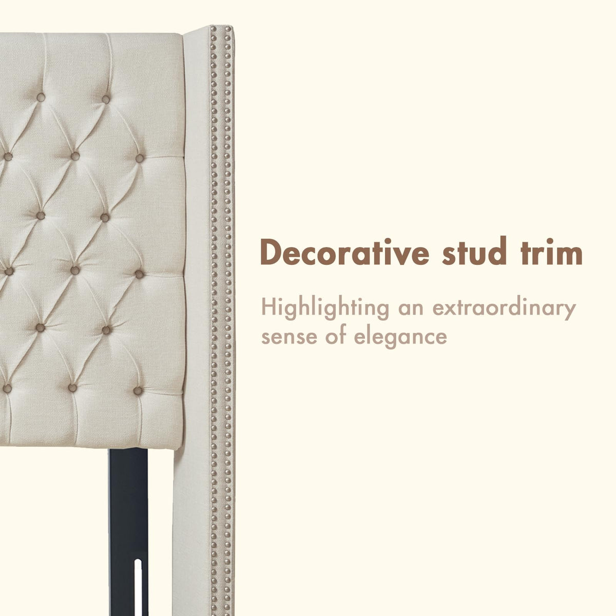 Madison Park Amelia Upholstered Headboard | Nail Head Trim Wingback Button Tufted | King, Cream