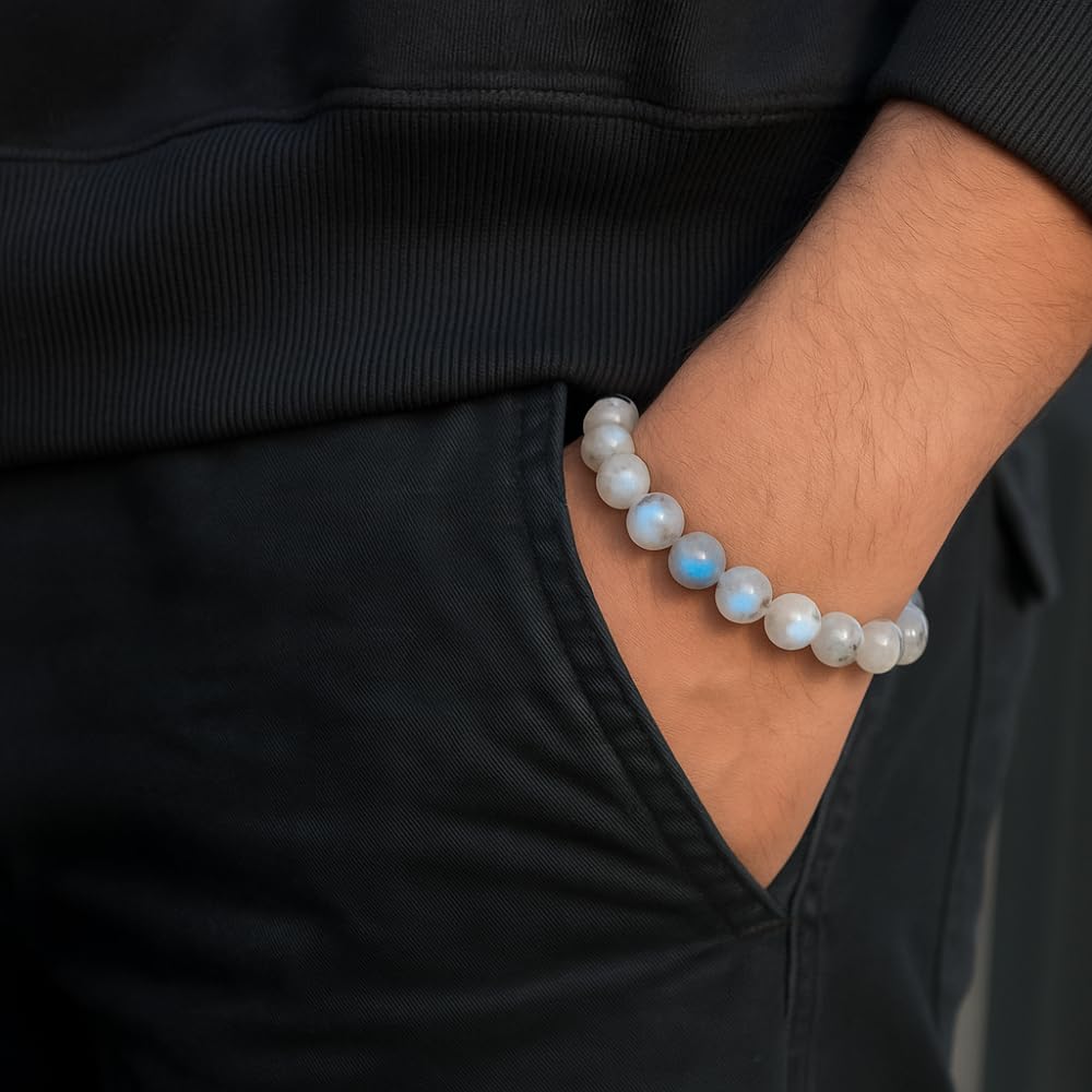ANAYA AGATE Natural Moonstone Gemstone Bead Bracelet – Healing Crystal Bracelet for Women, Men, Teens – 8mm Round Beaded – Unisex Stretchy Gemstone Bracelet – Emotion, Relationship, Love, Christmas Gift Box