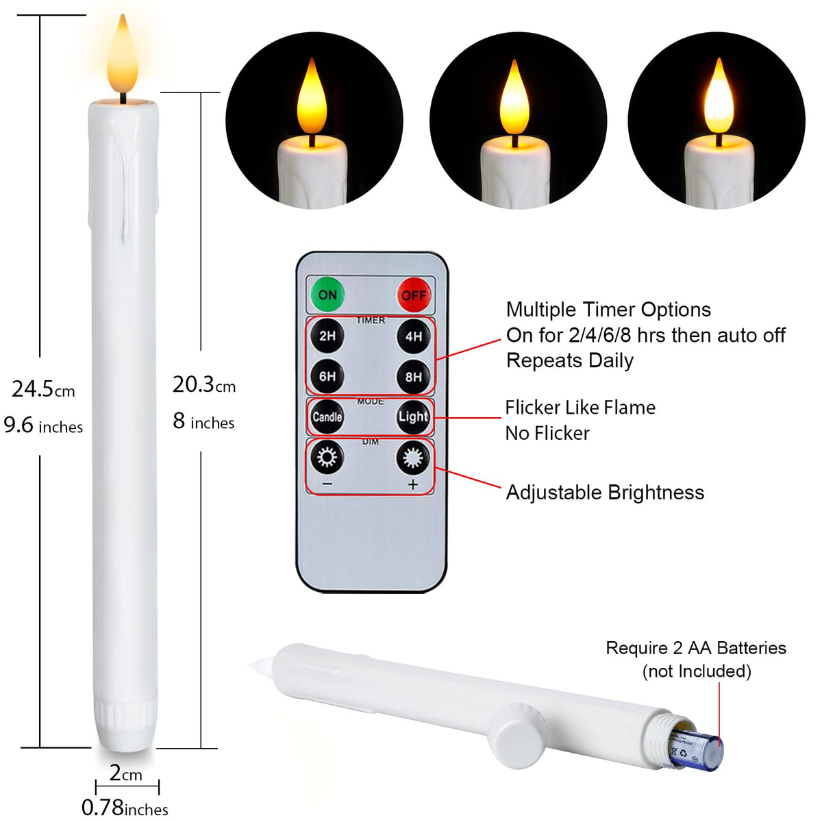 Homemory 24 Pcs White Flameless Taper Candles with Remote Timer, Lifelike Taper Candles Battery Operated with Flickering Light, Plastic, Led Candlesticks, Christmas Home Wedding Decor, 9.6 Inches