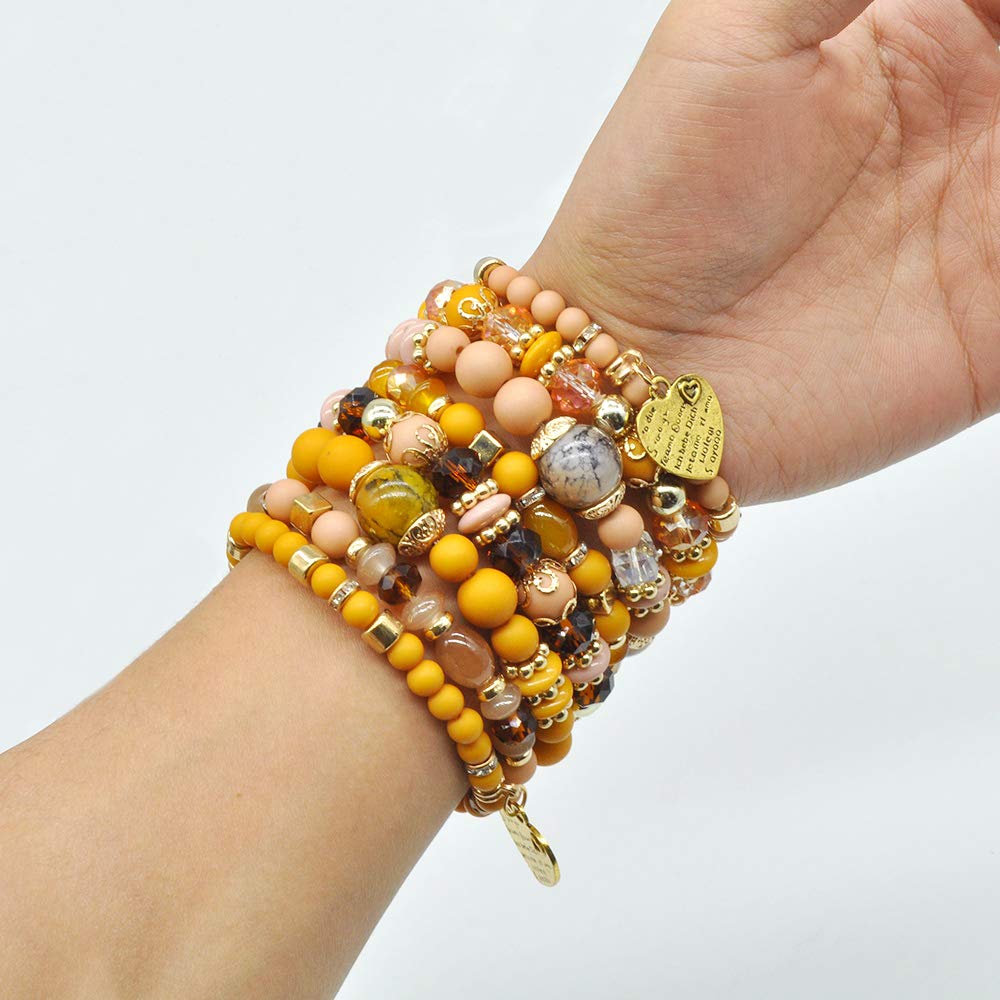 VONRU Bohemian Bracelet Sets for Women - 6 Sets Stackable Stretch Bracelets Multi-color Boho Jewelry for Women Hippie Bracelets Dainty Jewelry Best Friend Gift (Stackable bracelets with heart charm)