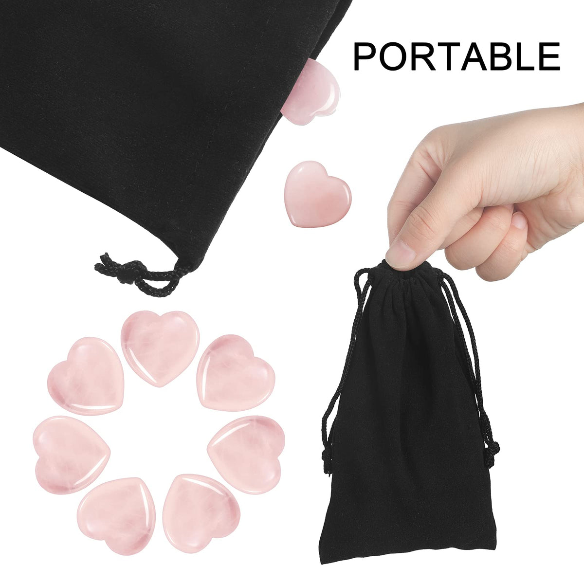 Patelai 24 Pcs Rose Quartz Heart Crystals Pink Heart Shaped Stones Natural Healing Worry Stones Mini Pocket Gemstone with Black Flannelette Bag for Women Mothers Day Anniversary Gifts Reiki Balancing