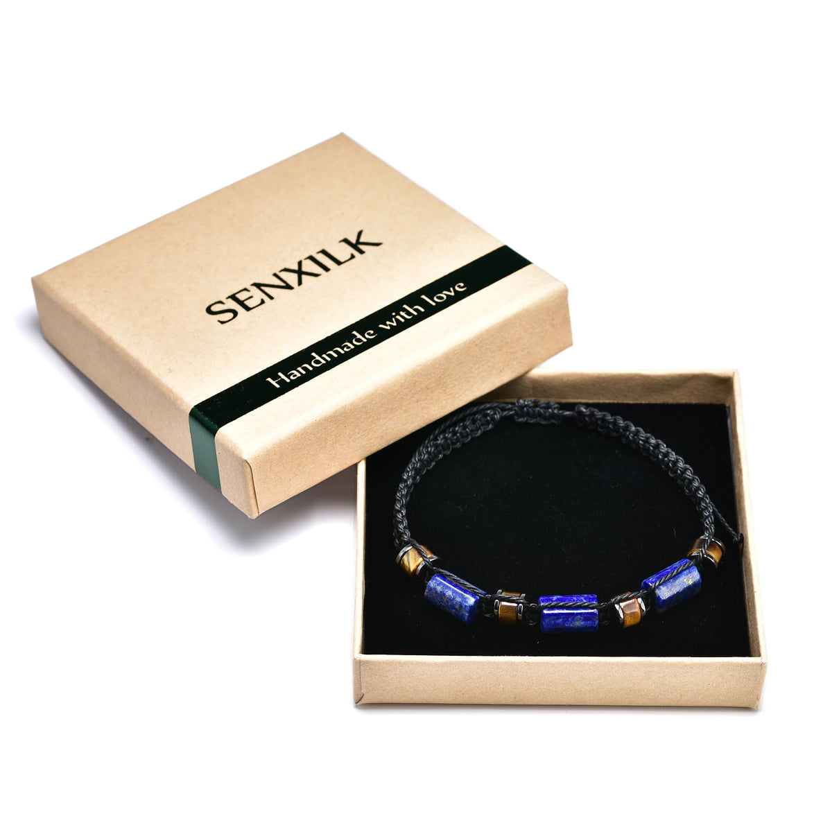 Senxilk Lapis Lazuli & Tiger's Eye Adjustable Bracelet for Men - Natural Stone Beaded Black Cord Jewelry Gifts for Him, Son, Teens | Birthday Father's Day Christmas