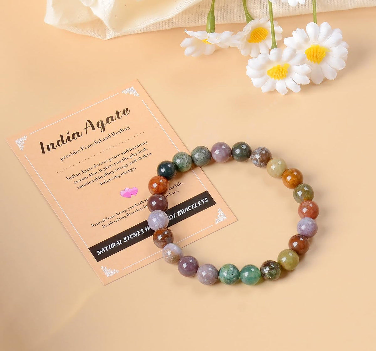 AD Beads Handmade Gemstone Stretch Elastic Bracelet Crystal Healing Reiki Nature's Beauty and Spiritual Essence Unisex (4mm, Indian Agate)