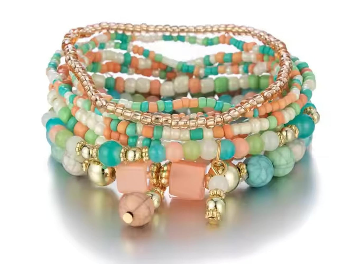 Boho Multilayer Stretch Beaded Bracelets for Women – Set of 6 Beaded Bracelet Colorful Rice Beads, Stackable Fashion Jewelry, Ideal for Festivals, Summer Parties, Beachwear, and Casual Outfits