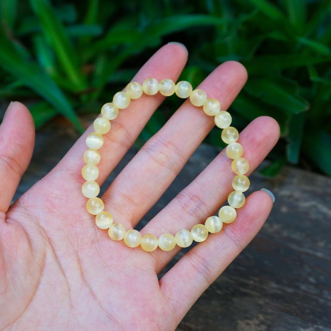 Natural Selenite Crystal Bracelet 6mm | Yellow Plated | Authentic Stone with Leather Pouch, Gift Box & Repair Kit | Fits 6.5-7 inch Wrist