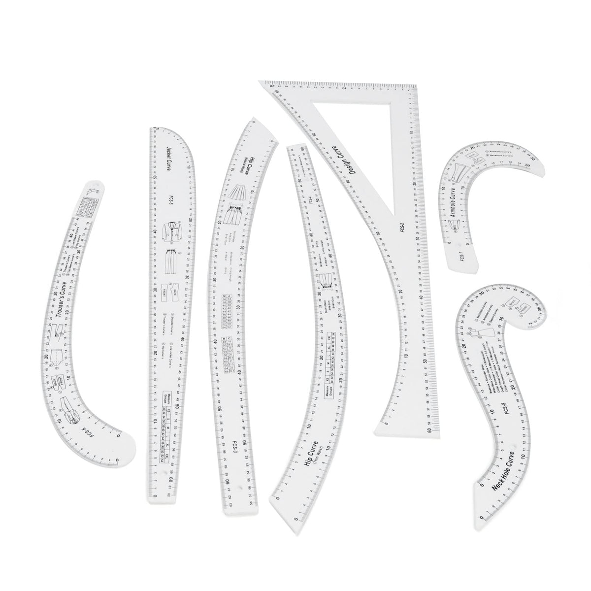 French Curve Ruler Set 7Pcs Acrylic Clear Sewing Ruler Tailor Kit for Dress Making