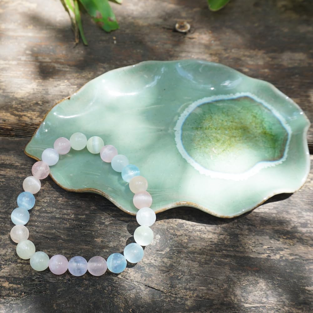 TaHLga 8mm Macaron Selenite Bracelet - Multi-Color Natural Crown Chakra Crystal | Handmade Sweet Color Meditation Bracelet with Cat-Eye Effect | Beading Tool Kit - Adjust to 6.5-7.5 inches Wrist Size
