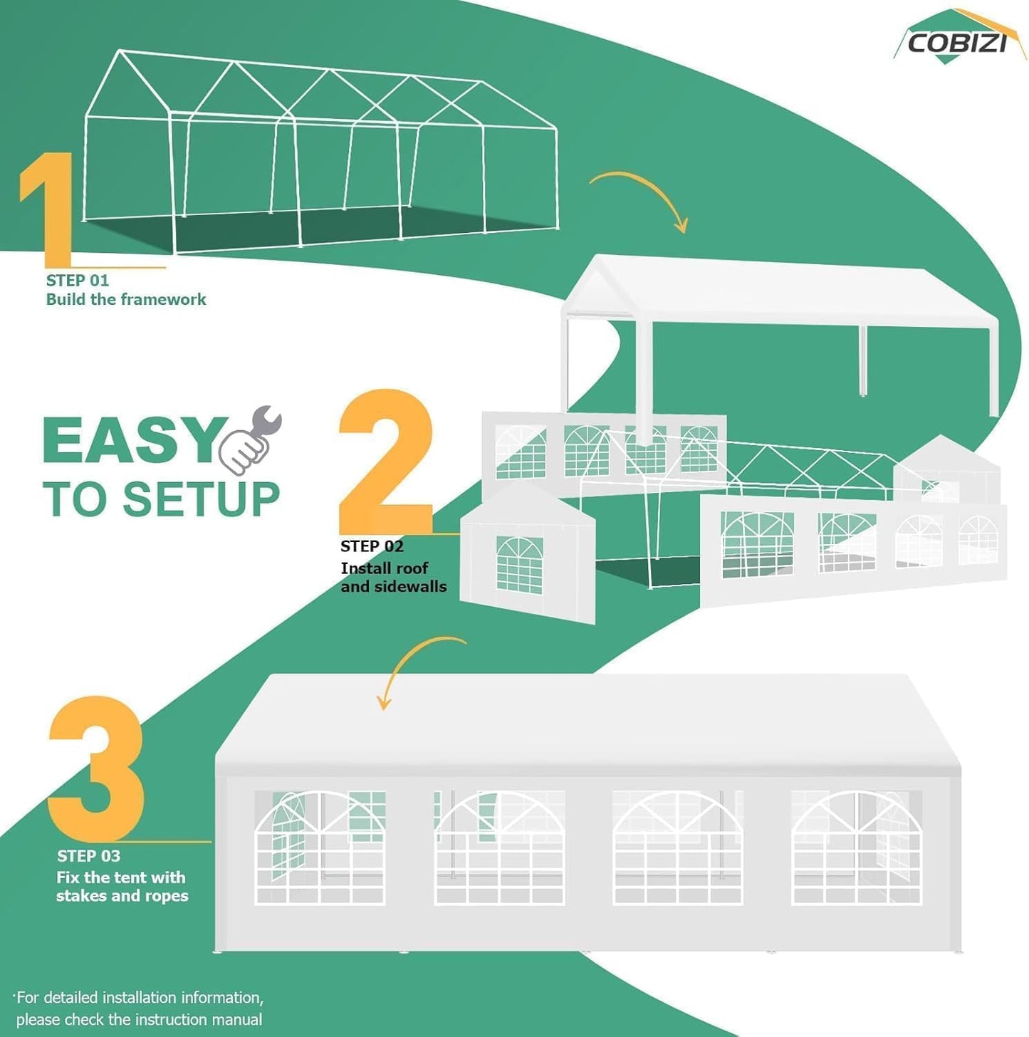 COBIZI 13x26 Outdoor Party Tent Heavy Duty Waterproof Canopy Shelter with 8 Sidewalls & 10 Church Windows, White Powder Coating, Built-in Sandbag Commercial Event Tents for Parties BBQ Patio Wedding