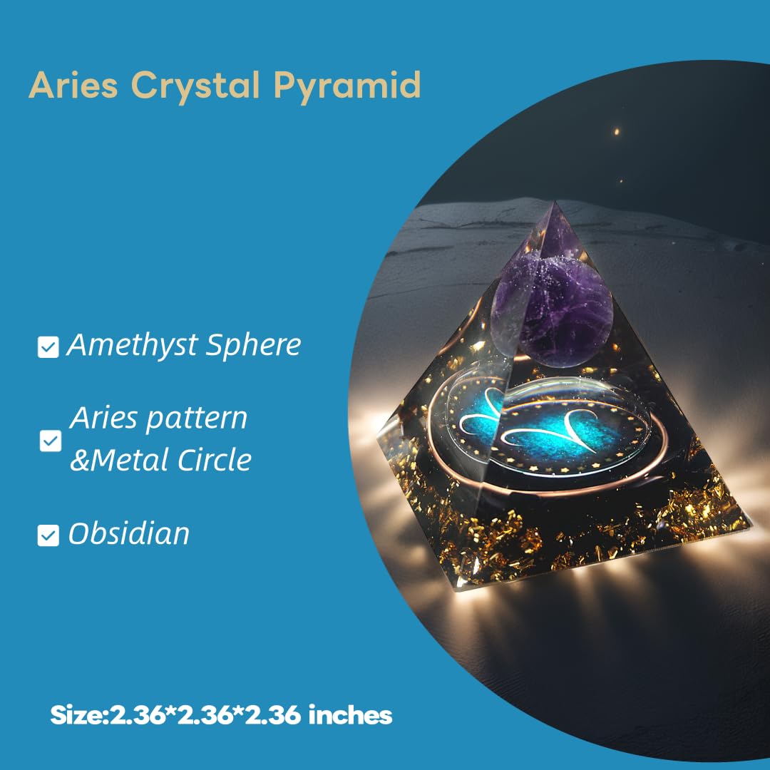 Yogmudra 12 Zodiac Orgone Crystal Pyramid, Natural Amethyst with Obsidian,Healing Crystals Pyramid for Protection Chakra, Unique Constellation Pyramid for Positive Energy, Healing Money Health(Aries)