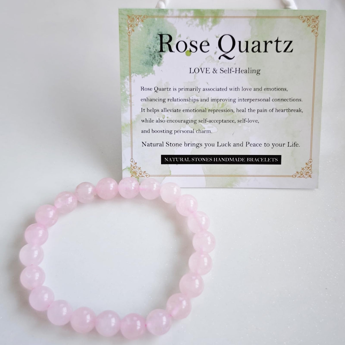 Handmade Natural Gemstone Elastic Bracelet - Healing Crystal Beads Jewelry, Unisex (Rose Quartz, 8mm)